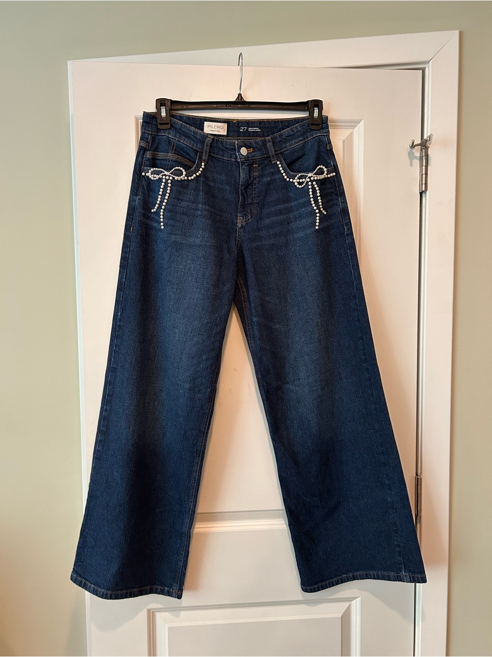 Pilcro Dark Blue Wide-Leg Jeans with Pearl Bow Accents